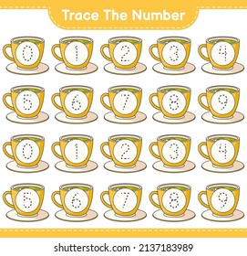 Trace the number. Tracing number with Tea Cup. Educational children game, printable worksheet, vector illustration