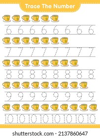 Trace the number. Tracing number with Tea Cup. Educational children game, printable worksheet, vector illustration