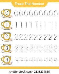 Trace the number. Tracing number with Tea Cup. Educational children game, printable worksheet, vector illustration