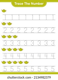 Trace the number. Tracing number with Teapot. Educational children game, printable worksheet, vector illustration