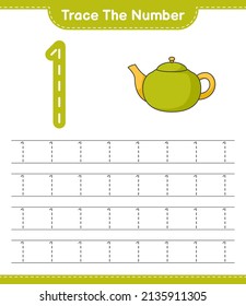 Trace the number. Tracing number with Teapot. Educational children game, printable worksheet, vector illustration