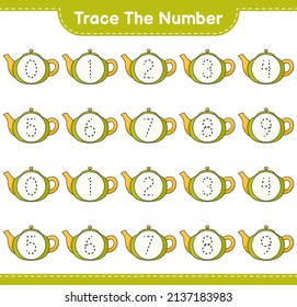 Trace the number. Tracing number with Teapot. Educational children game, printable worksheet, vector illustration