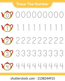 Trace the number. Tracing number with Teapot. Educational children game, printable worksheet, vector illustration