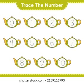 Trace the number. Tracing number with Teapot. Educational children game, printable worksheet, vector illustration