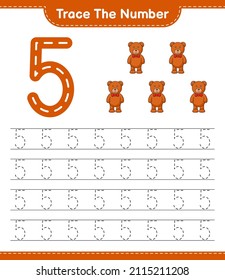 Trace the number. Tracing number with Teddy Bear. Educational children game, printable worksheet, vector illustration