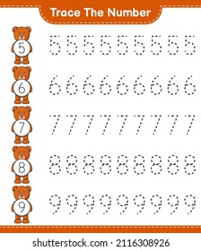 Trace the number. Tracing number with Teddy Bear. Educational children game, printable worksheet, vector illustration