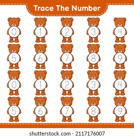 Trace the number. Tracing number with Teddy Bear. Educational children game, printable worksheet, vector illustration