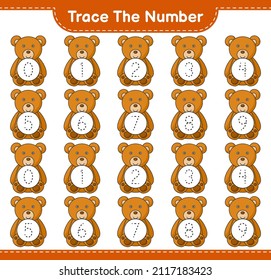 Tragen Sie die Nummer ein. Kennnummer mit Teddybär. Kinderspiel, druckbares Arbeitsblatt, Vektorgrafik