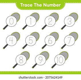 Trace the number. Tracing number with Tennis Racket. Educational children game, printable worksheet, vector illustration