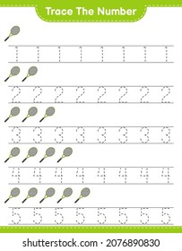 Trace the number. Tracing number with Tennis Racket. Educational children game, printable worksheet, vector illustration