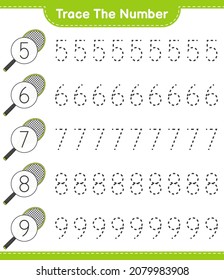 Trace the number. Tracing number with Tennis Racket. Educational children game, printable worksheet, vector illustration