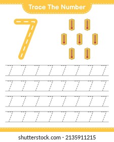 Rastrear el número. Número de seguimiento con termómetro. Juego infantil educativo, hoja de cálculo imprimible, ilustración vectorial