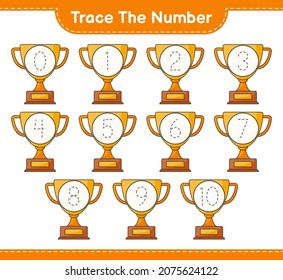 Trace the number. Tracing number with Trophy. Educational children game, printable worksheet, vector illustration