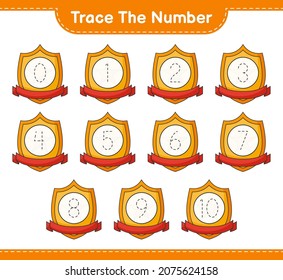 Rastrear el número. Número de seguimiento con trofeo. Juego infantil educativo, hoja de cálculo imprimible, ilustración vectorial