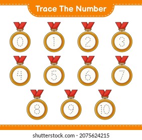 Trace the number. Tracing number with Trophy. Educational children game, printable worksheet, vector illustration