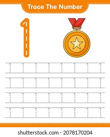 Trace the number. Tracing number with Trophy. Educational children game, printable worksheet, vector illustration