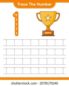 Trace the number. Tracing number with Trophy. Educational children game, printable worksheet, vector illustration