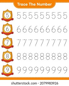 Rastrear el número. Número de seguimiento con trofeo. Juego infantil educativo, hoja de cálculo imprimible, ilustración vectorial