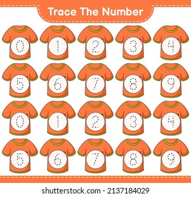 Trace the number. Tracing number with T-shirt. Educational children game, printable worksheet, vector illustration