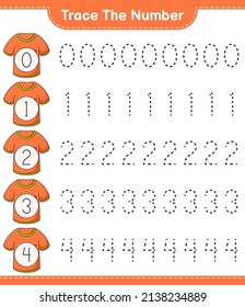 Trace the number. Tracing number with T-shirt. Educational children game, printable worksheet, vector illustration