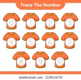 Trace the number. Tracing number with T-shirt. Educational children game, printable worksheet, vector illustration