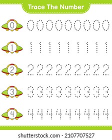 Rastrear el número. Número de seguimiento con Ufo. Juego infantil educativo, hoja de cálculo imprimible, ilustración vectorial