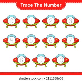 Rastrear el número. Número de seguimiento con Ufo. Juego infantil educativo, hoja de cálculo imprimible, ilustración vectorial
