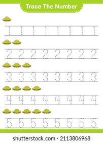 Trace the number. Tracing number with Ufo. Educational children game, printable worksheet, vector illustration