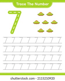 Trace the number. Tracing number with Ufo. Educational children game, printable worksheet, vector illustration