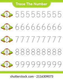 Rastrear el número. Número de seguimiento con Ufo. Juego infantil educativo, hoja de cálculo imprimible, ilustración vectorial