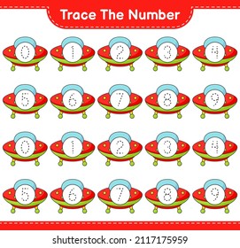 Trace the number. Tracing number with Ufo. Educational children game, printable worksheet, vector illustration