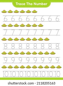 Trace the number. Tracing number with Ufo. Educational children game, printable worksheet, vector illustration