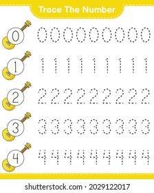 Trace the number. Tracing number with Ukulele. Educational children game, printable worksheet, vector illustration