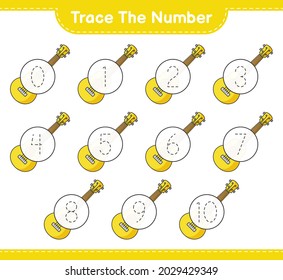 Rastrear el número. Número de seguimiento con Ukulele. Juego infantil educativo, hoja de cálculo imprimible, ilustración vectorial