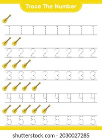 Rastrear el número. Número de seguimiento con Ukulele. Juego infantil educativo, hoja de cálculo imprimible, ilustración vectorial