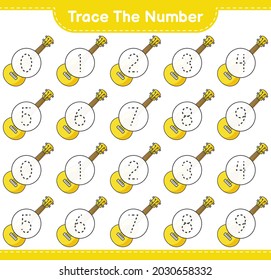 Trace the number. Tracing number with Ukulele. Educational children game, printable worksheet, vector illustration