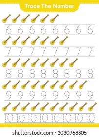 Rastrear el número. Número de seguimiento con Ukulele. Juego infantil educativo, hoja de cálculo imprimible, ilustración vectorial