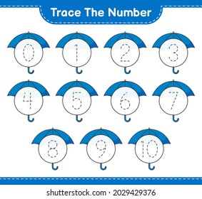 Trace the number. Tracing number with Umbrella. Educational children game, printable worksheet, vector illustration