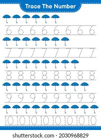 Trace the number. Tracing number with Umbrella. Educational children game, printable worksheet, vector illustration