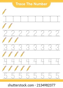 Rastrear el número. Número de seguimiento con el paraguas. Juego infantil educativo, hoja de cálculo imprimible, ilustración vectorial