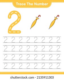 Trace the number. Tracing number with Umbrella. Educational children game, printable worksheet, vector illustration