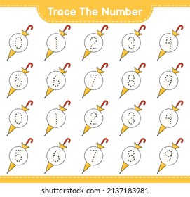 Trace the number. Tracing number with Umbrella. Educational children game, printable worksheet, vector illustration