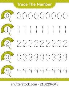 Trace the number. Tracing number with Umbrella. Educational children game, printable worksheet, vector illustration