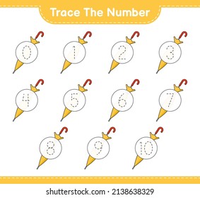 Trace the number. Tracing number with Umbrella. Educational children game, printable worksheet, vector illustration