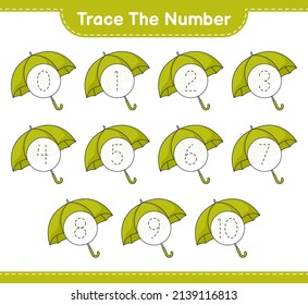 Trace the number. Tracing number with Umbrella. Educational children game, printable worksheet, vector illustration