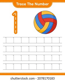 Trace the number. Tracing number with Volleyball. Educational children game, printable worksheet, vector illustration