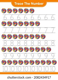 Trace the number. Tracing number with Volleyball. Educational children game, printable worksheet, vector illustration