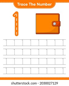 Trace the number. Tracing number with Wallet. Educational children game, printable worksheet, vector illustration