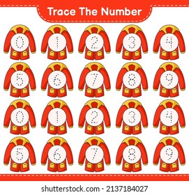 Trace the number. Tracing number with Warm Clothes. Educational children game, printable worksheet, vector illustration