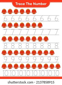 Rastrear el número. Número de seguimiento con ropa cálida. Juego infantil educativo, hoja de cálculo imprimible, ilustración vectorial